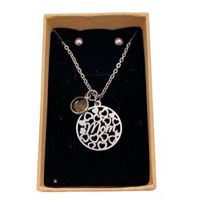 Necklace Women NWT Mom Mother Filigree Silver Tone w/ Stud Earrings 19" Gift Set